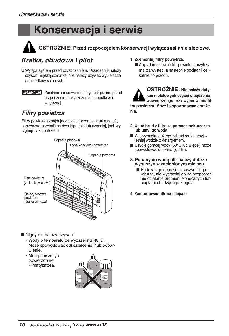 Konserwacja i serwis, Kratka, obudowa i pilot, Filtry powietrza | 10 jednostka wewnętrzna, Ostrożnie | LG ARNU18GVJA2 User Manual | Page 106 / 205