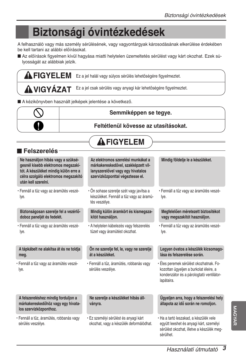 Biztonsági óvintézkedések, N felszerelés, Használati útmutató 3 | LG ARNU18GVJA2 User Manual | Page 111 / 205