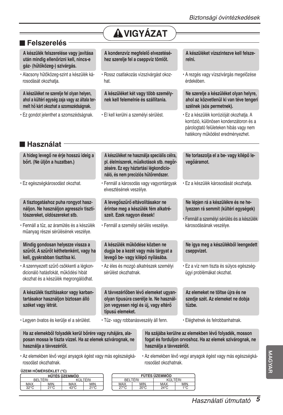 N használat, N felszerelés, Használati útmutató 5 | Biztonsági óvintézkedések | LG ARNU18GVJA2 User Manual | Page 113 / 205