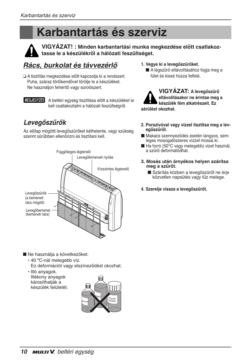 Karbantartás és szerviz, Rács, burkolat és távvezérlő, Levegőszűrők | 10 beltéri egység, Vigyázat | LG ARNU18GVJA2 User Manual | Page 118 / 205