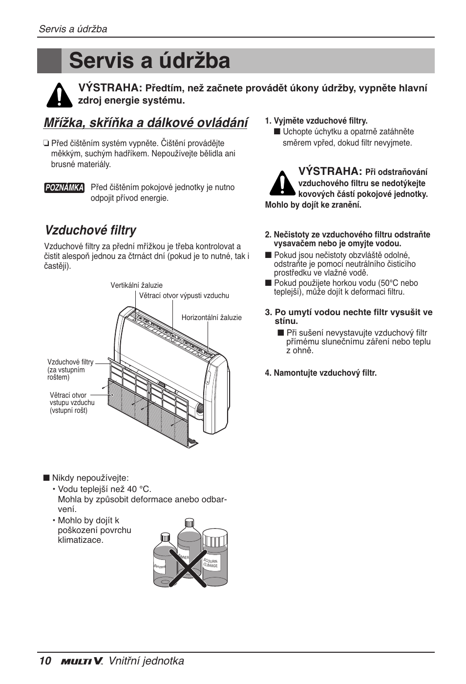 Servis a údržba, Mřížka, skříňka a dálkové ovládání, Vzduchové filtry | 10 vnitřní jednotka, Výstraha | LG ARNU18GVJA2 User Manual | Page 130 / 205