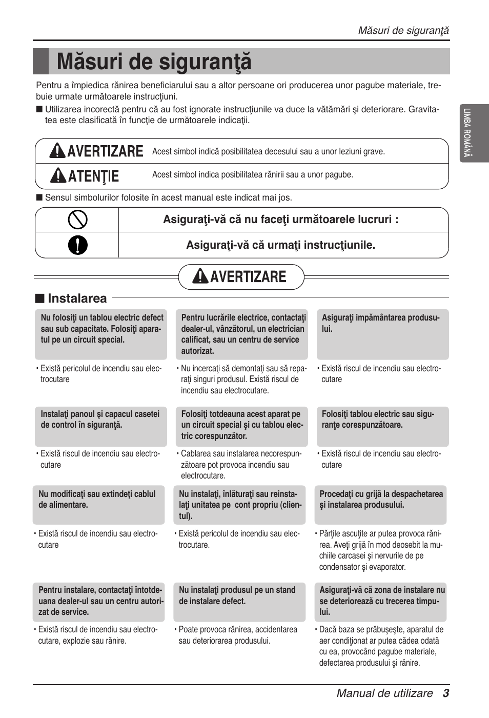Măsuri de siguranţă, N instalarea, Manual de utilizare 3 | LG ARNU18GVJA2 User Manual | Page 135 / 205