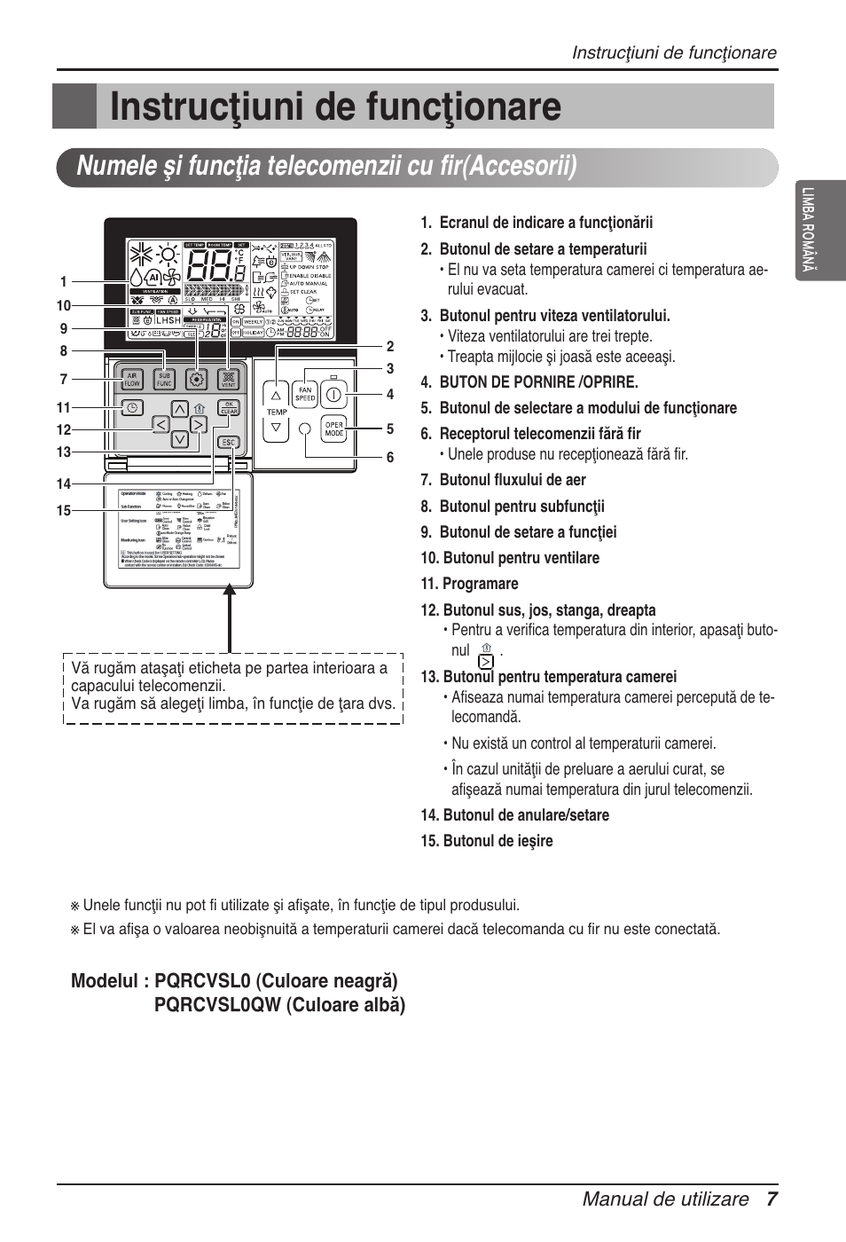 Instrucţiuni de funcţionare, Numele şi funcţia telecomenzii cu fir(accesorii) | LG ARNU18GVJA2 User Manual | Page 139 / 205