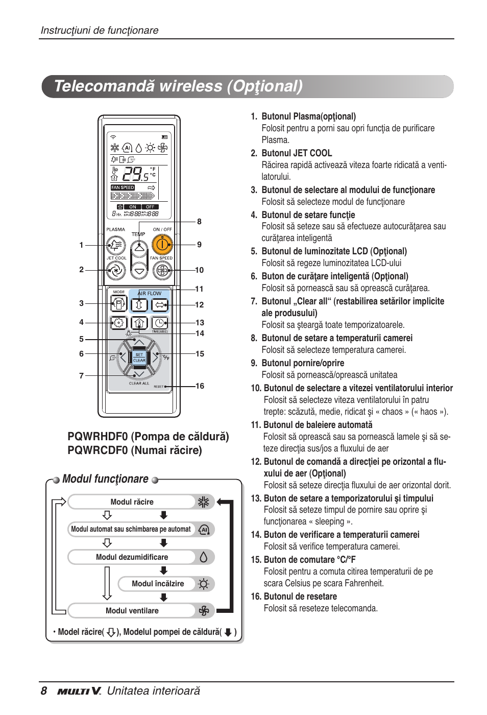 Telecomandă wireless (opţional), Modul funcţionare, 8unitatea interioară | LG ARNU18GVJA2 User Manual | Page 140 / 205