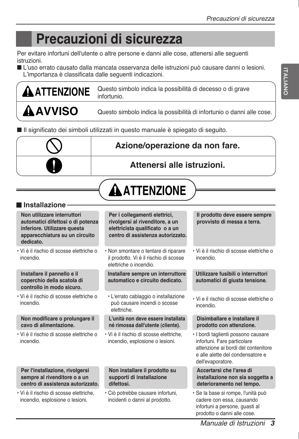 Precauzioni di sicurezza, Attenzione, Attenzione avviso | LG ARNU18GVJA2 User Manual | Page 15 / 205