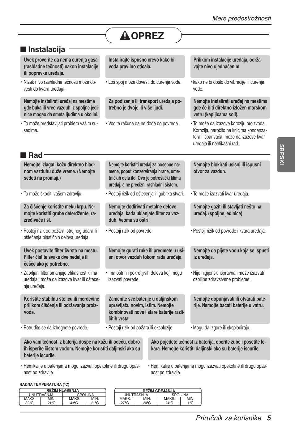 N instalacija, N rad, Priručnik za korisnike 5 | Mere predostrožnosti | LG ARNU18GVJA2 User Manual | Page 161 / 205