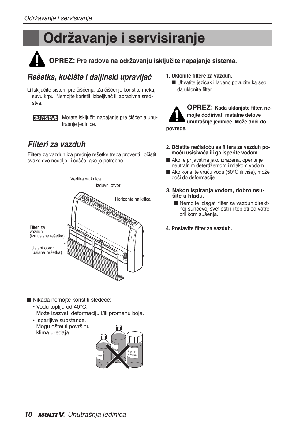 Održavanje i servisiranje, Rešetka, kućište i daljinski upravljač, Filteri za vazduh | 10 unutrašnja jedinica, Oprez | LG ARNU18GVJA2 User Manual | Page 166 / 205