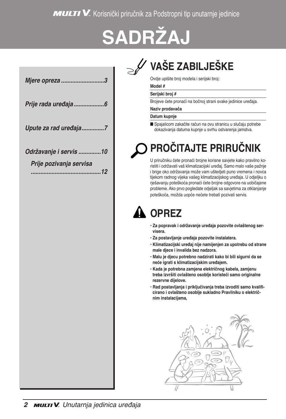 Sadržaj, Vaše zabilješke, Pročitajte priručnik | Oprez | LG ARNU18GVJA2 User Manual | Page 170 / 205