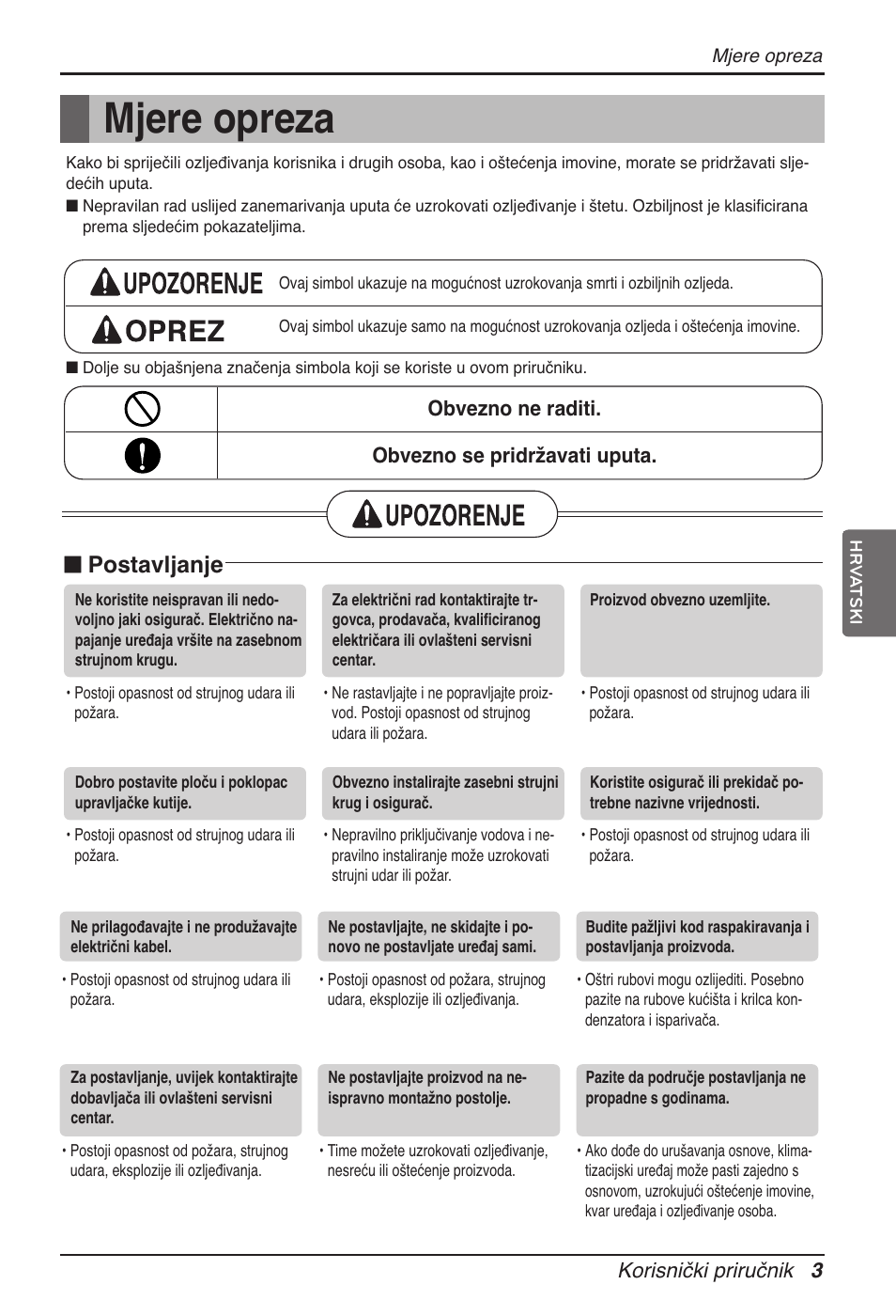 Mjere opreza, N postavljanje, Korisnički priručnik 3 | Obvezno ne raditi. obvezno se pridržavati uputa | LG ARNU18GVJA2 User Manual | Page 171 / 205