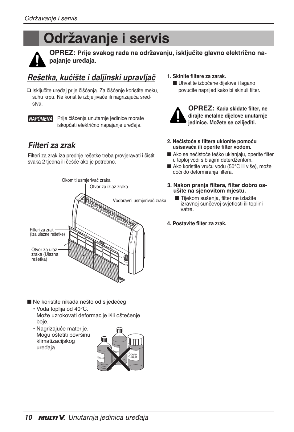 Održavanje i servis, Rešetka, kućište i daljinski upravljač, Filteri za zrak | 10 unutarnja jedinica uređaja, Oprez | LG ARNU18GVJA2 User Manual | Page 178 / 205