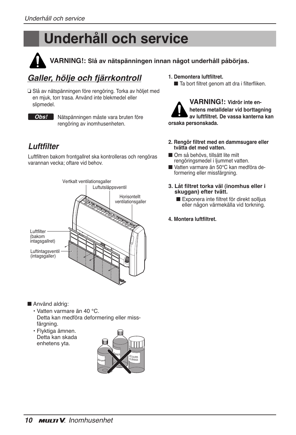 Underhåll och service, Galler, hölje och fjärrkontroll, Luftfilter | 10 inomhusenhet, Varning | LG ARNU18GVJA2 User Manual | Page 190 / 205