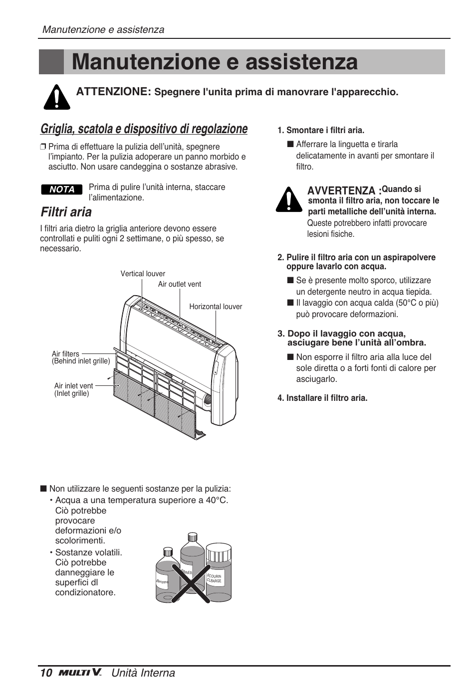 Manutenzione e assistenza, Filtri aria, Griglia, scatola e dispositivo di regolazione | 10 unità interna, Avvertenza, Attenzione | LG ARNU18GVJA2 User Manual | Page 22 / 205