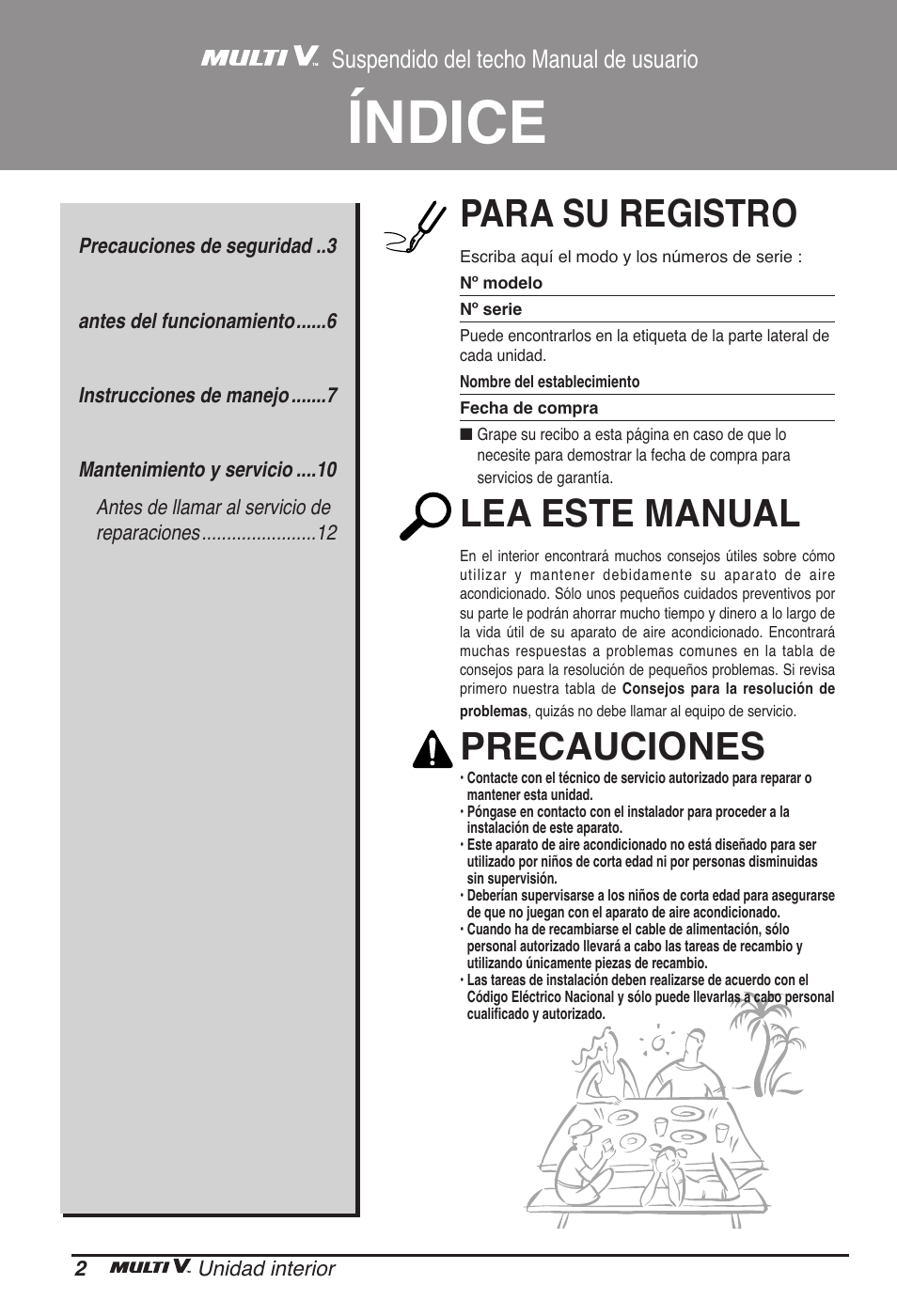 Índice, Para su registro, Lea este manual | Precauciones, Suspendido del techo manual de usuario | LG ARNU18GVJA2 User Manual | Page 26 / 205