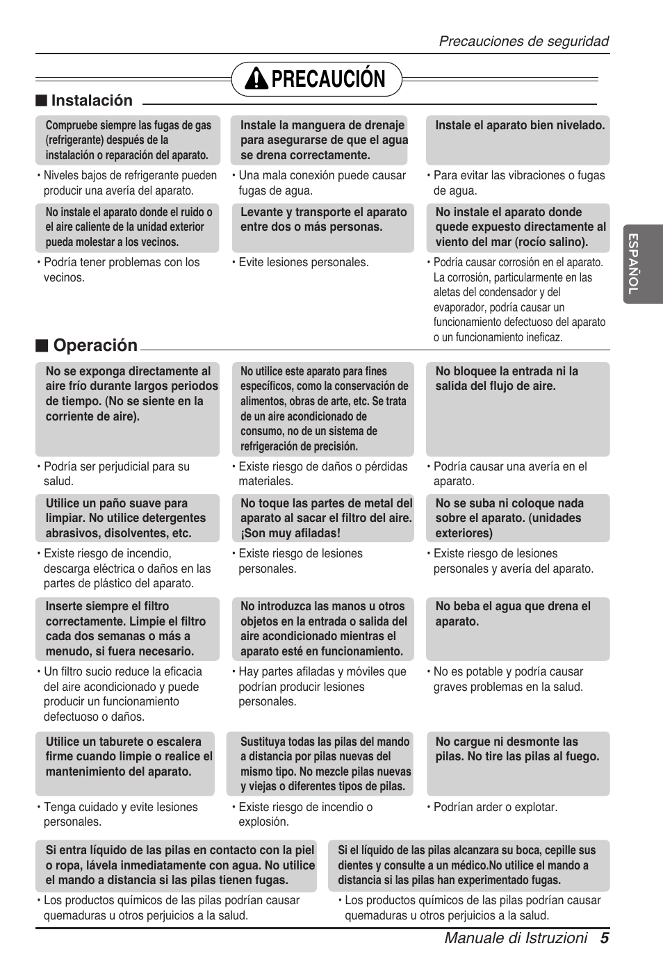 Precaución, N operación, Manuale di istruzioni 5 | N instalación | LG ARNU18GVJA2 User Manual | Page 29 / 205