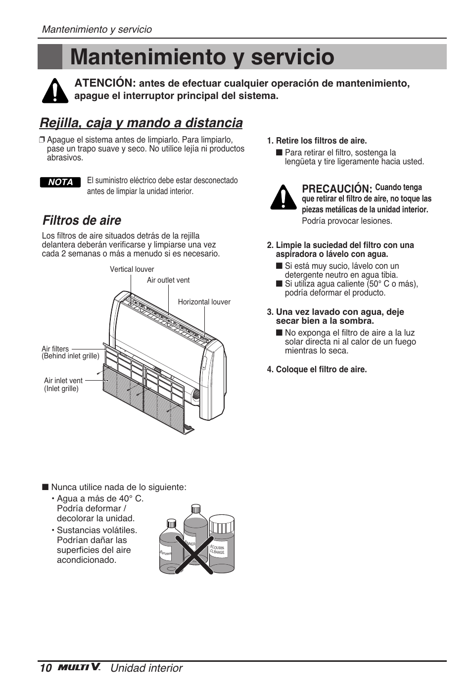 Mantenimiento y servicio, Filtros de aire, Rejilla, caja y mando a distancia | 10 unidad interior, Precaución, Atención | LG ARNU18GVJA2 User Manual | Page 34 / 205