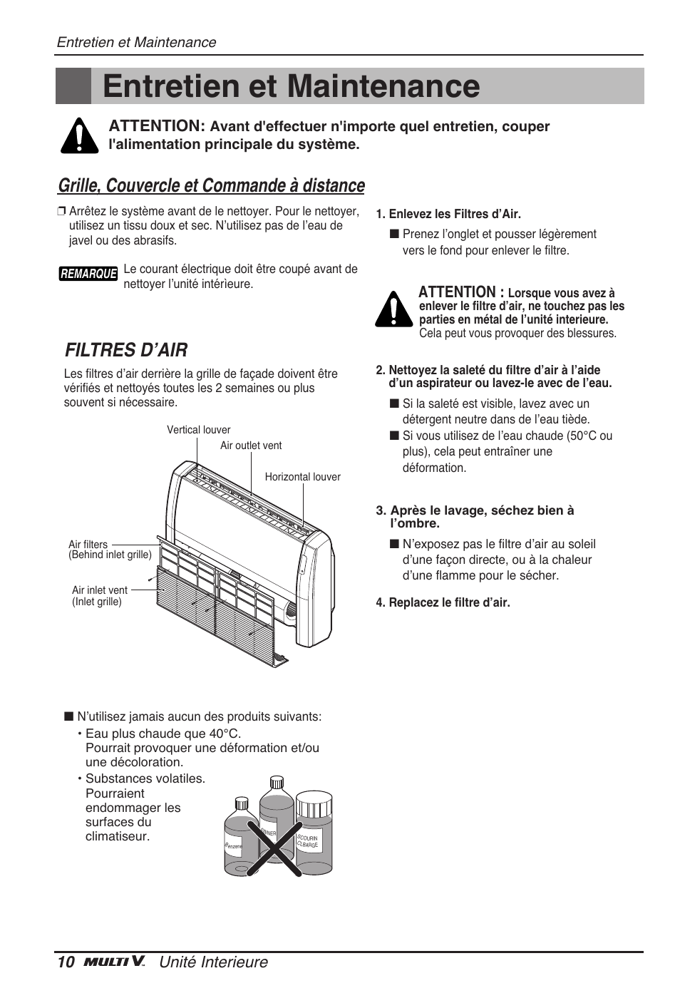 Entretien et maintenance, Filtres dʼair, Grille, couvercle et commande à distance | 10 unité interieure, Attention | LG ARNU18GVJA2 User Manual | Page 46 / 205