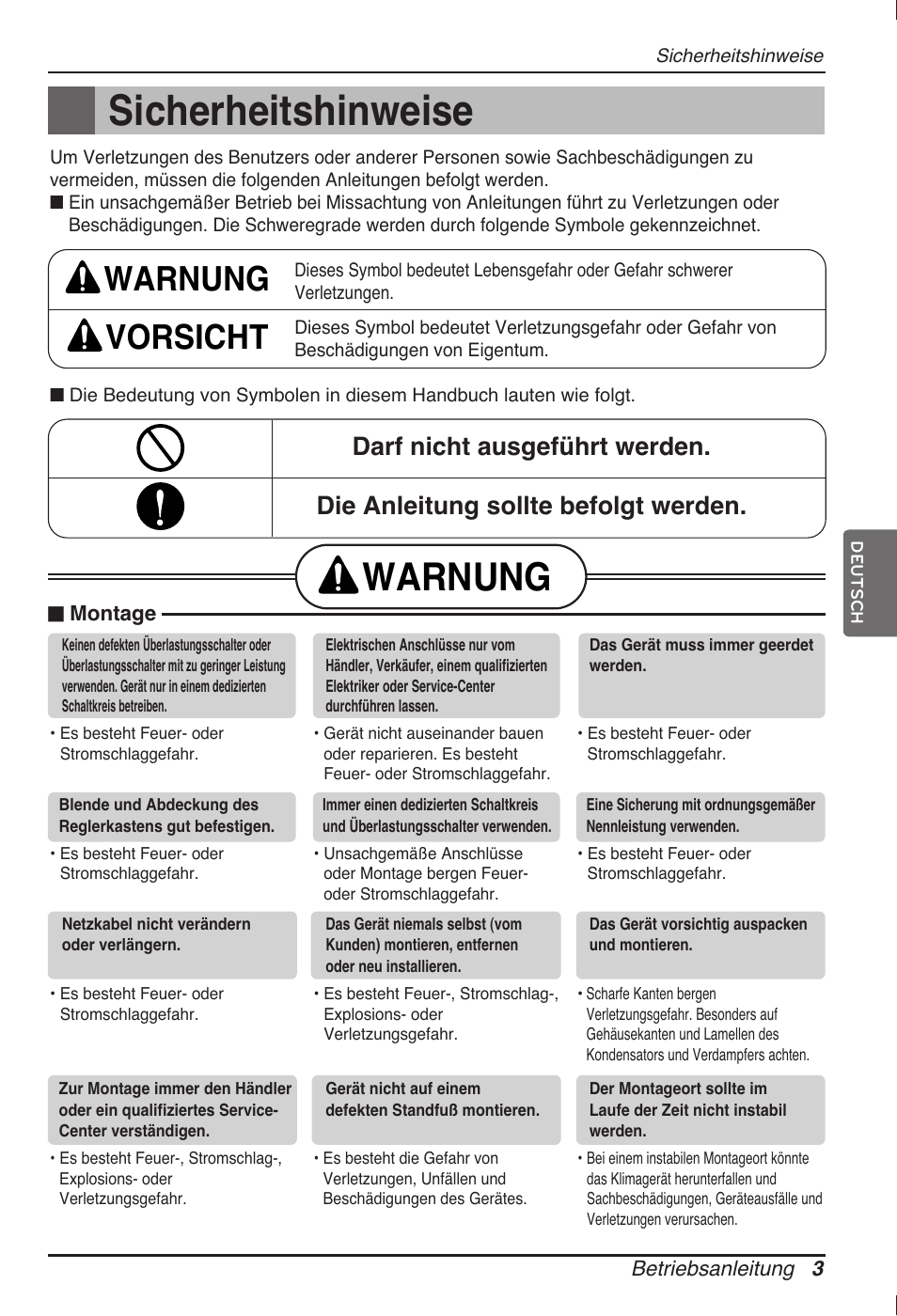 Sicherheitshinweise, Warnung, Warnung vorsicht | LG ARNU18GVJA2 User Manual | Page 51 / 205