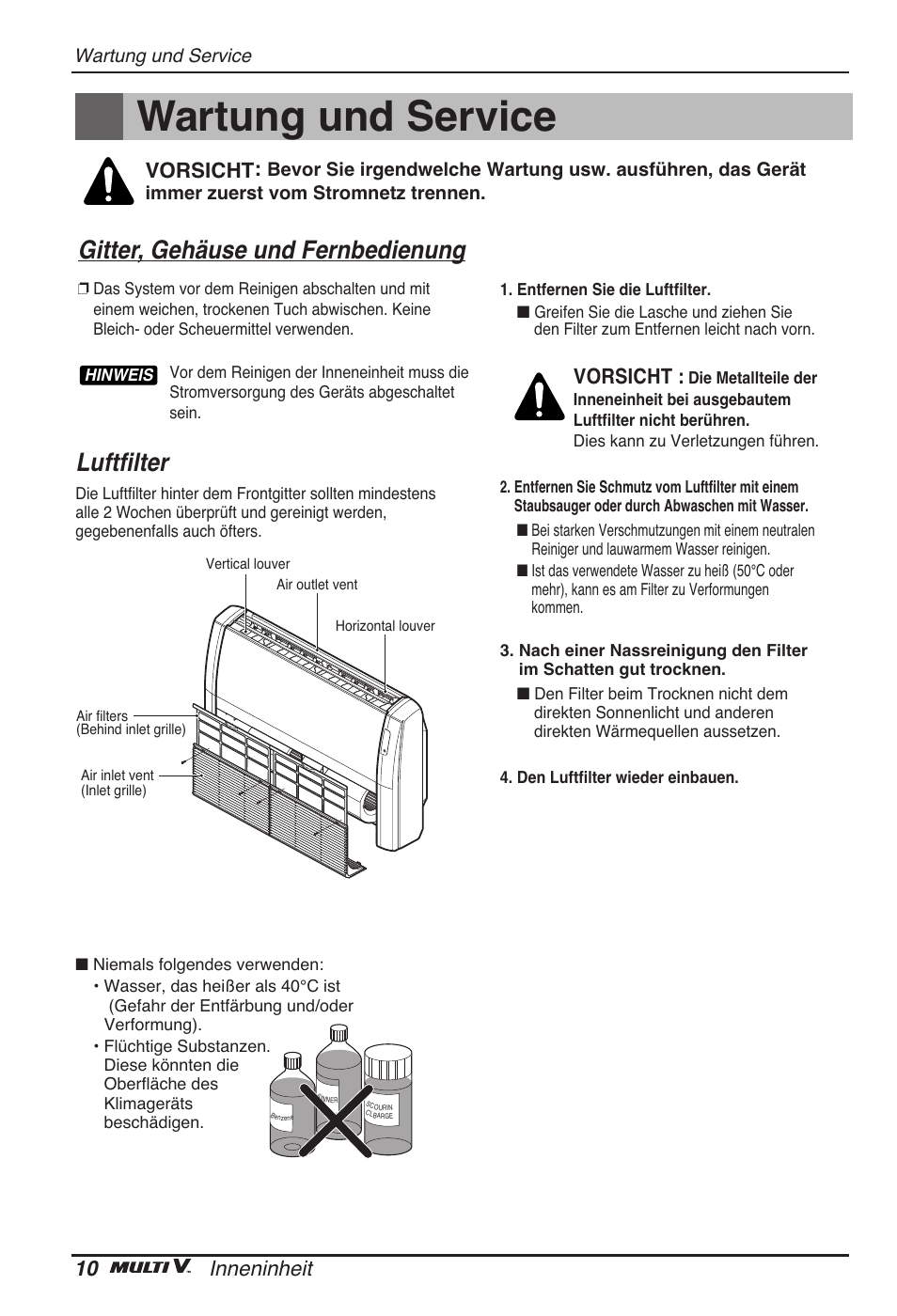 Wartung und service, Luftfilter, Gitter, gehäuse und fernbedienung | 10 inneninheit, Vorsicht | LG ARNU18GVJA2 User Manual | Page 58 / 205