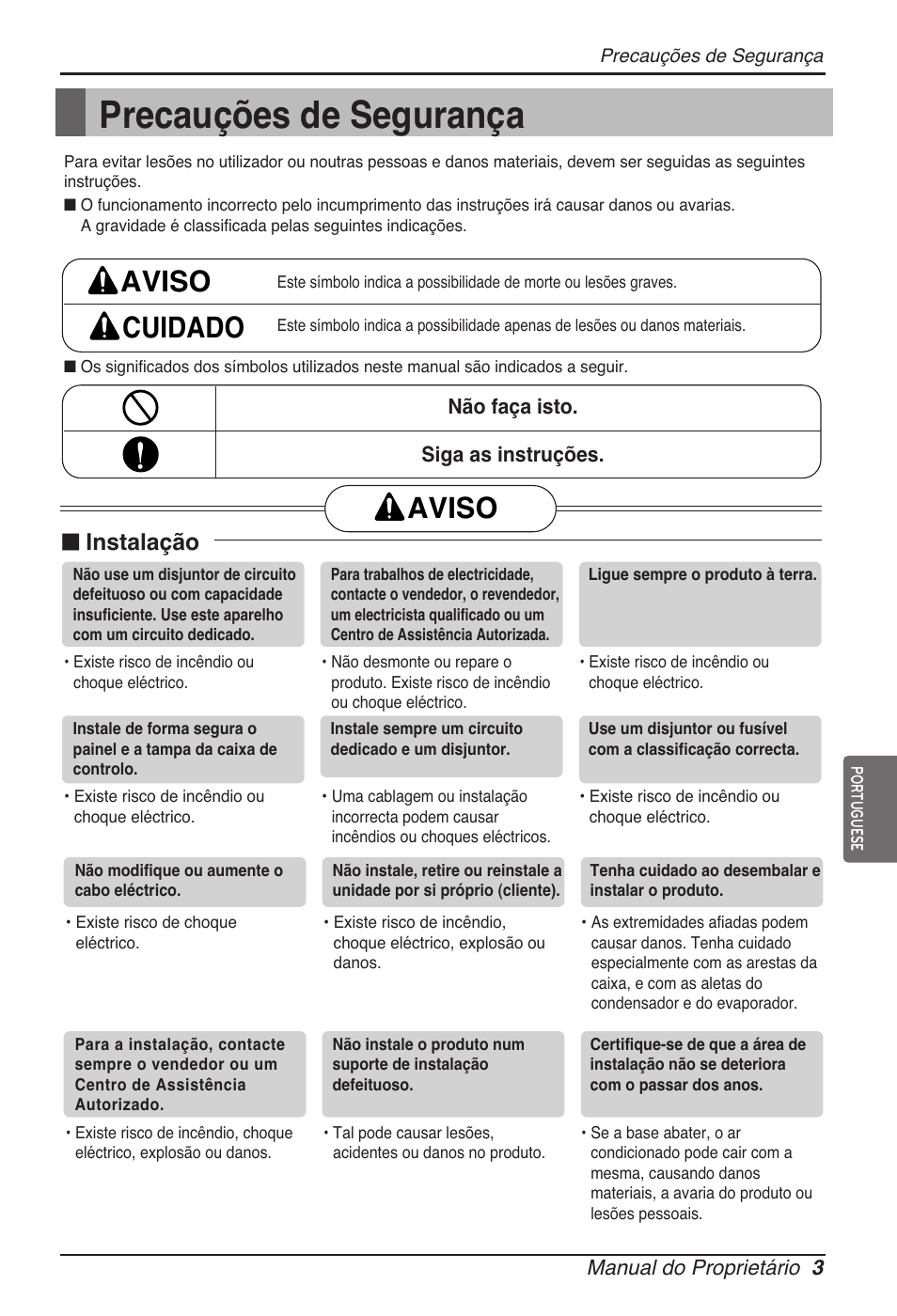 Precauções de segurança, Aviso cuidado, Aviso | N instalação | LG ARNU18GVJA2 User Manual | Page 75 / 205