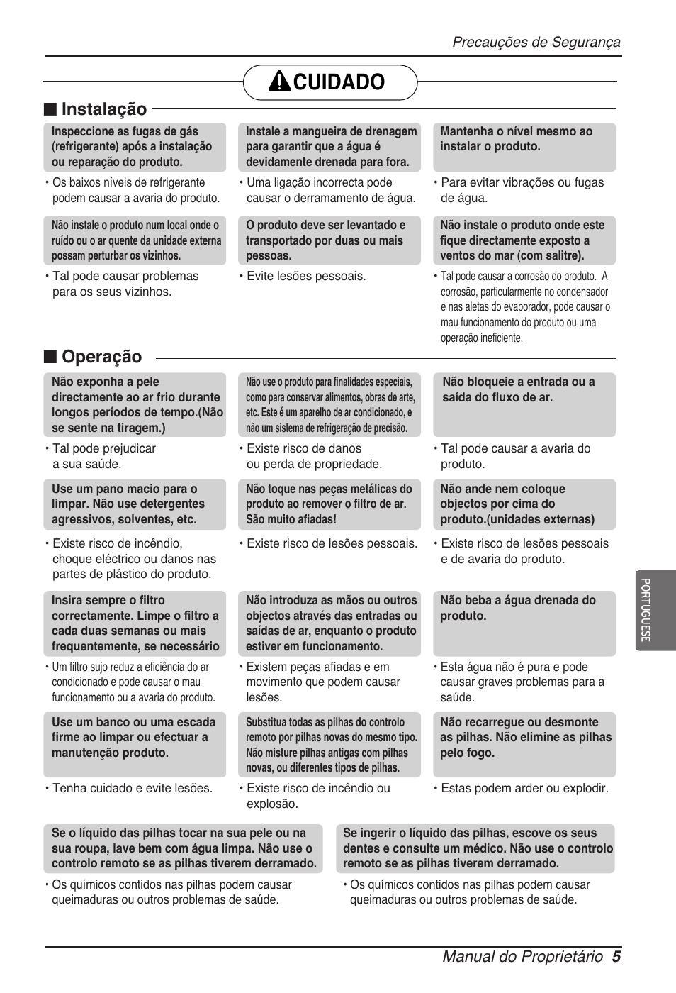 Cuidado, N instalação, N operação | Manual do proprietário 5 | LG ARNU18GVJA2 User Manual | Page 77 / 205