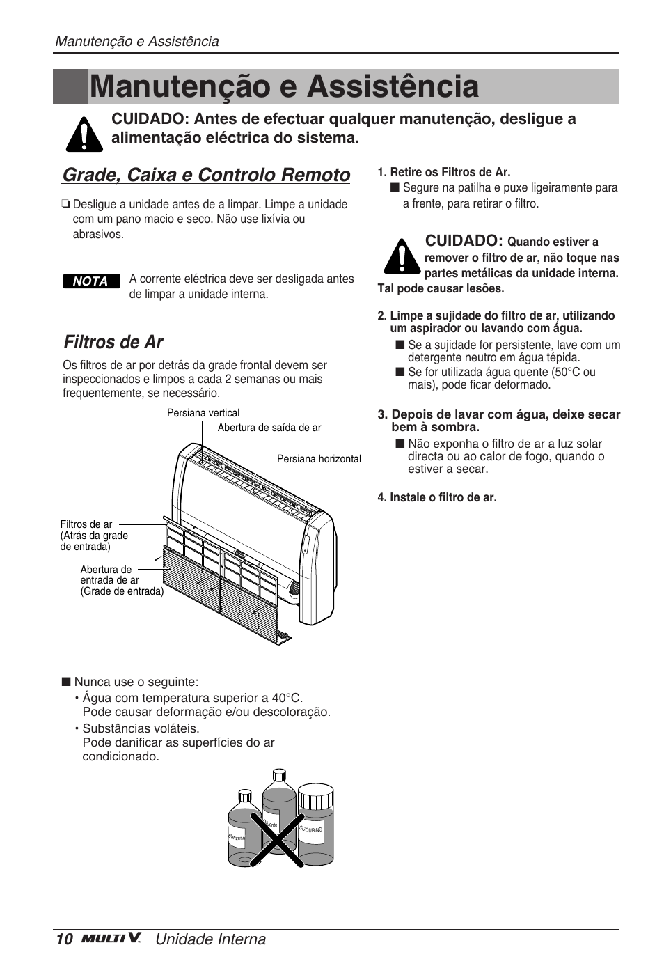 Manutenção e assistência, Grade, caixa e controlo remoto, Filtros de ar | 10 unidade interna, Cuidado | LG ARNU18GVJA2 User Manual | Page 82 / 205
