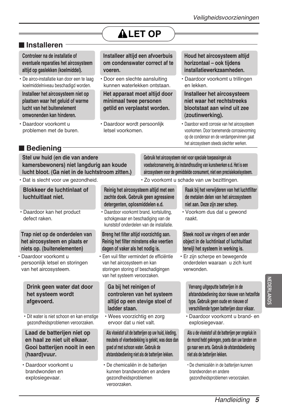 Let op, N installeren, N bediening | Handleiding 5 | LG ARNU18GVJA2 User Manual | Page 89 / 205