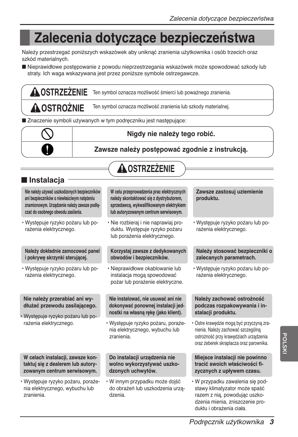 Zalecenia dotyczące bezpieczeństwa, Ostrzeżenie ostrożnie, Ostrzeżenie | N instalacja | LG ARNU18GVJA2 User Manual | Page 99 / 205