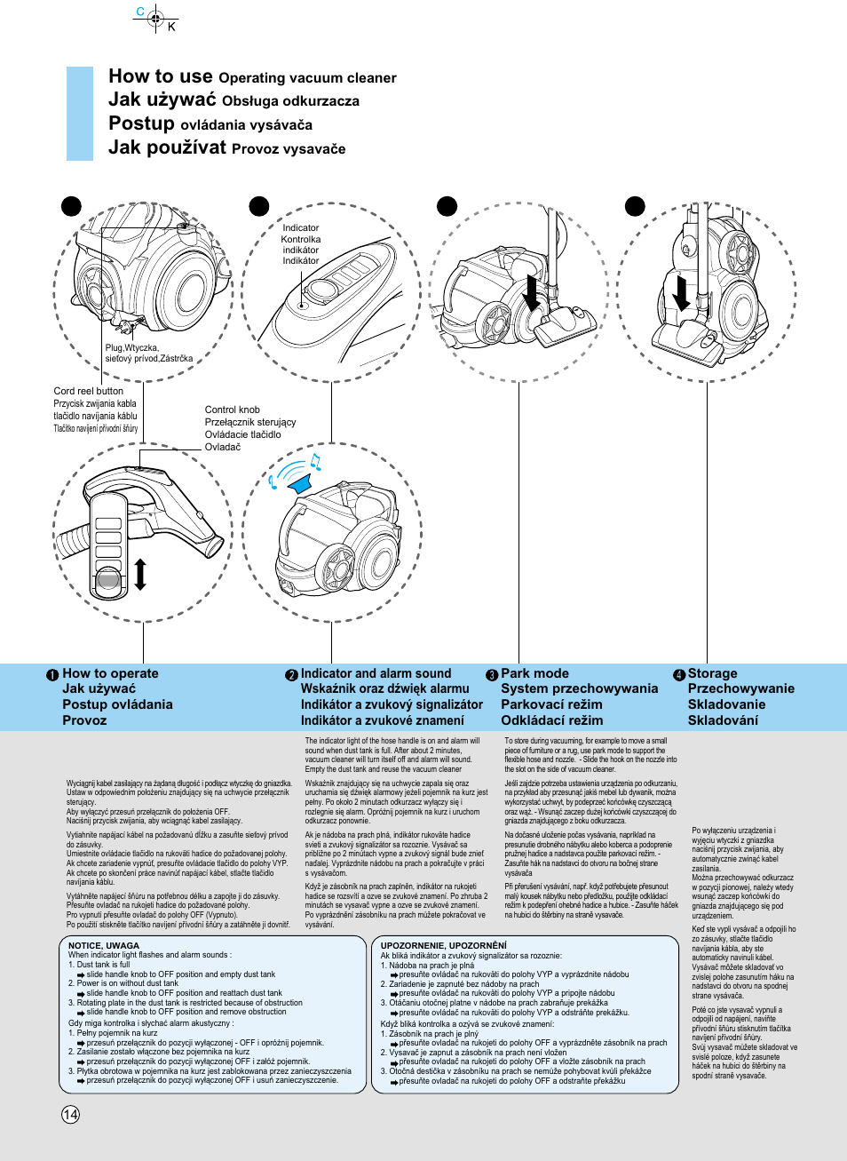 How to use, Jak u¯ywaç, Postup | Jak pou¥ívat, Operating vacuum cleaner, Obs¢uga odkurzacza, Ovládania vysávaïa, Storage przechowywanie skladovanie skladování | LG V-KC902HTQ User Manual | Page 14 / 24