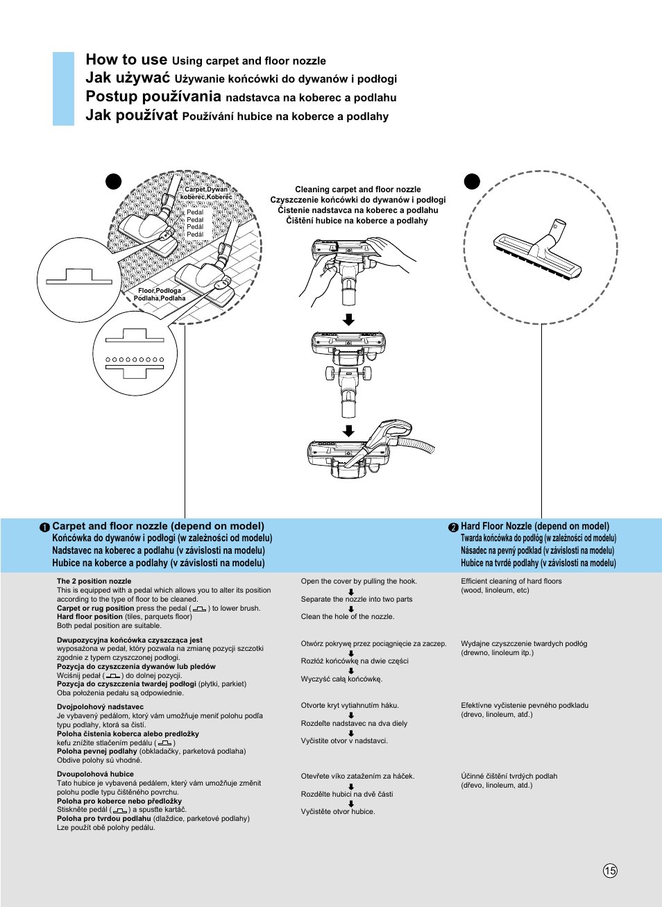 How to use, Jak u¯ywaç, Postup pou¥ívania | Jak pou¥ívat, Using carpet and floor nozzle, U¯ywanie koæcówki do dywanów i pod¢ogi, Nadstavca na koberec a podlahu, Pou¥ívání hubice na koberce a podlahy | LG V-KC902HTQ User Manual | Page 15 / 24
