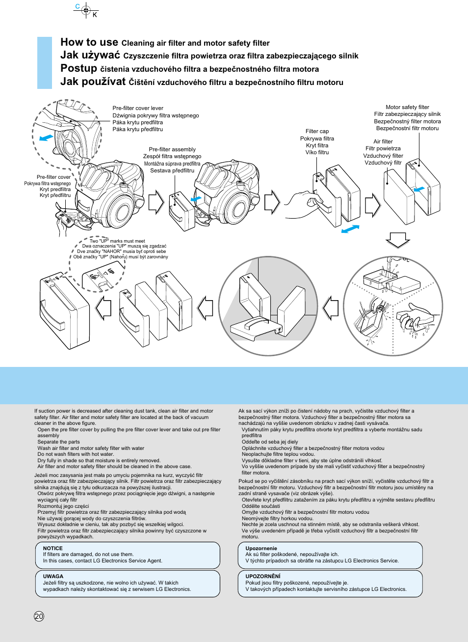 How to use, Jak u¯ywaç, Postup | Jak pou¥ívat, Cleaning air filter and motor safety filter | LG V-KC902HTQ User Manual | Page 20 / 24