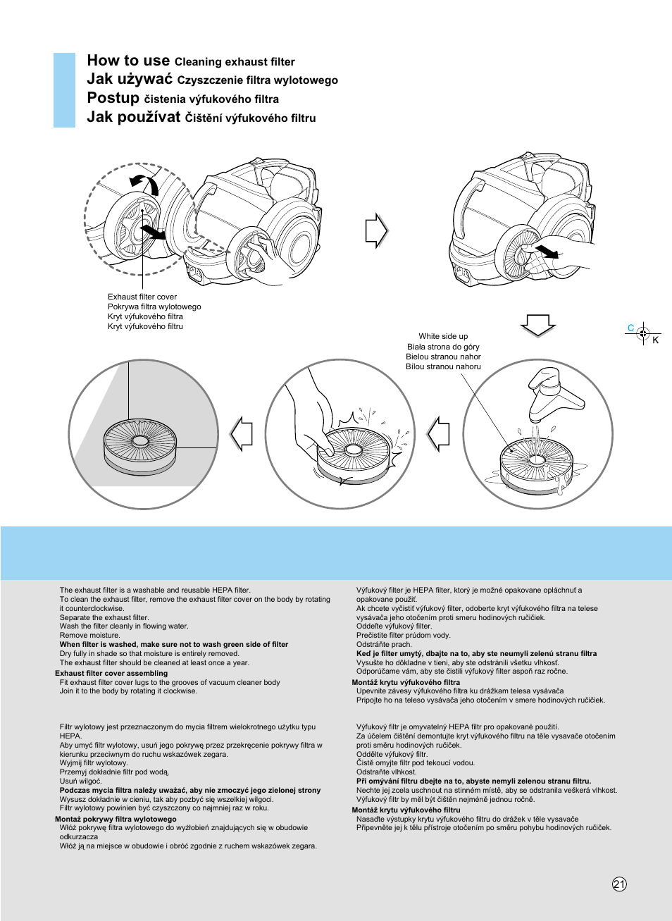 How to use, Jak u¯ywaç, Postup | Jak pou¥ívat, Cleaning exhaust filter, Czyszczenie filtra wylotowego, Ïistenia vƒfukového filtra, Ïi•têní vƒfukového filtru | LG V-KC902HTQ User Manual | Page 21 / 24