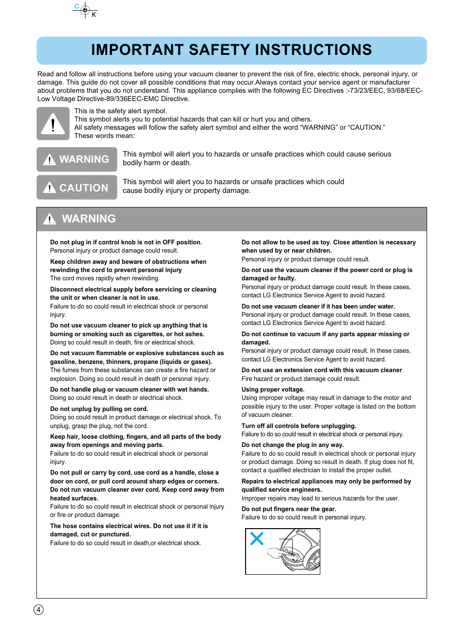 Important safety instructions, Warning, Caution | LG V-KC902HTQ User Manual | Page 4 / 24