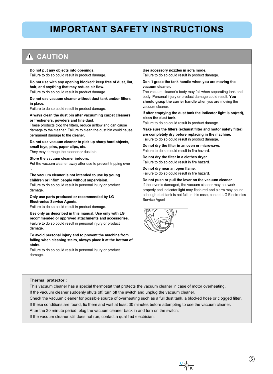 Important safety instructions, Caution | LG V-KC902HTQ User Manual | Page 5 / 24