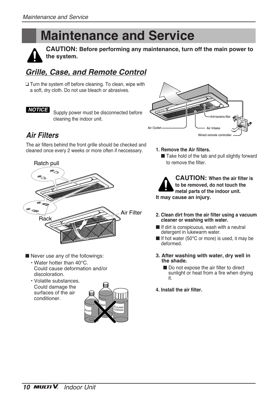 Maintenance and service, Grille, case, and remote control, Air filters | 10 indoor unit, Caution | LG ARNU07GTJC2 User Manual | Page 10 / 205