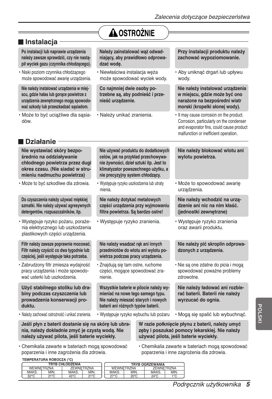 N instalacja, N działanie, Podręcznik użytkownika 5 | Zalecenia dotyczące bezpieczeństwa | LG ARNU07GTJC2 User Manual | Page 101 / 205