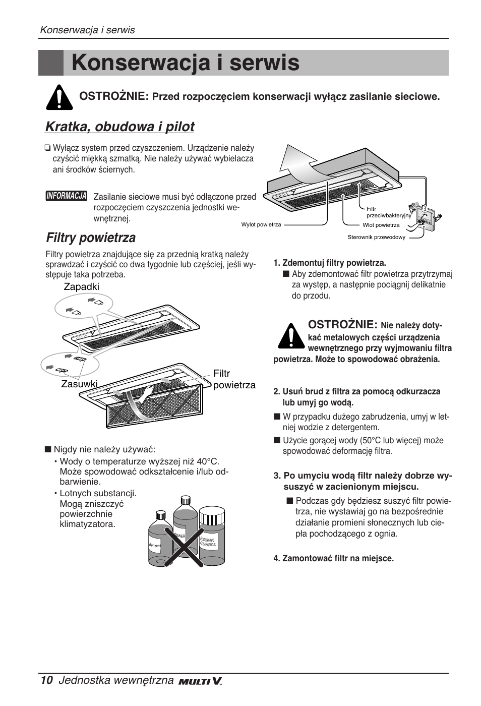 Konserwacja i serwis, Kratka, obudowa i pilot, Filtry powietrza | 10 jednostka wewnętrzna, Ostrożnie | LG ARNU07GTJC2 User Manual | Page 106 / 205