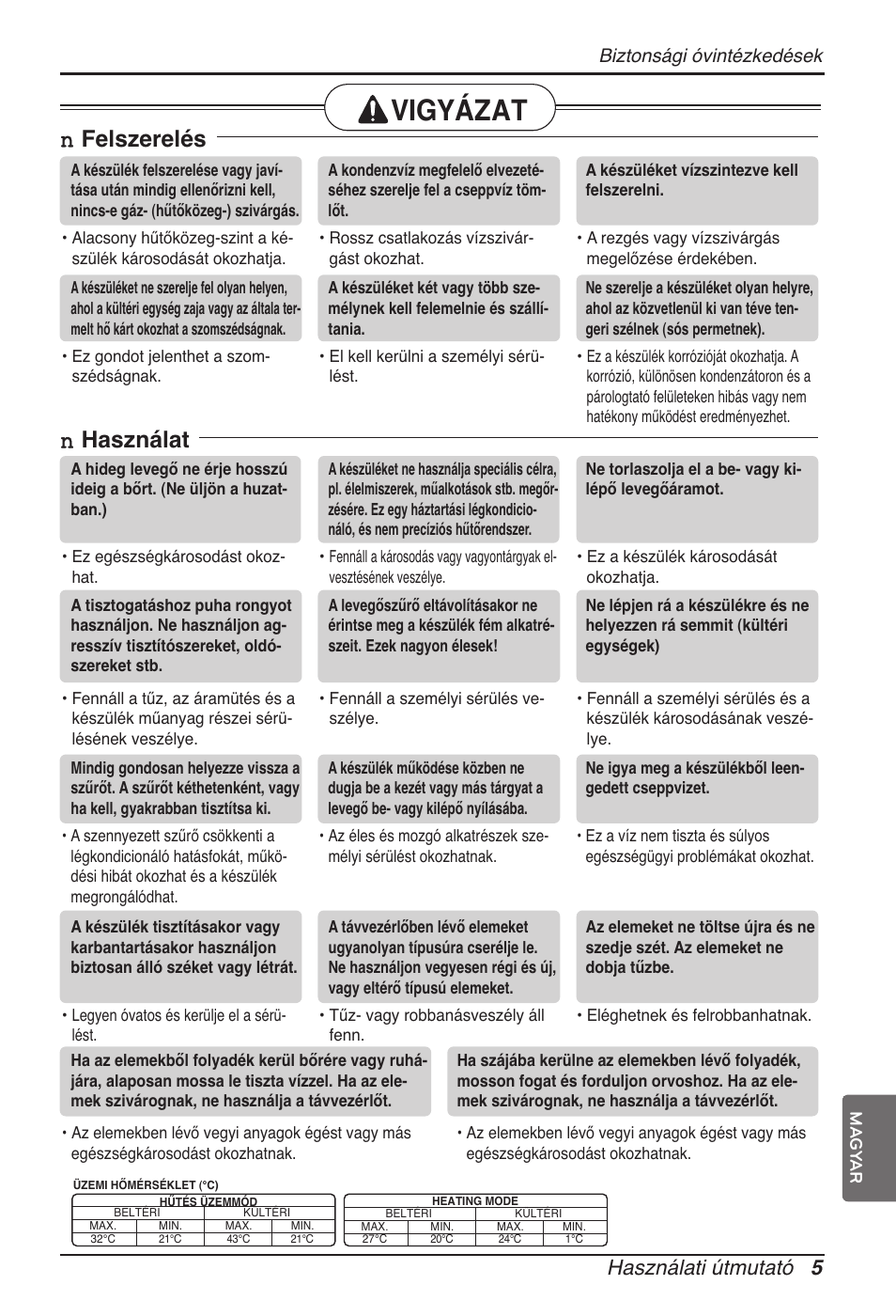 Vigyázat, N felszerelés, N használat | Használati útmutató 5, Biztonsági óvintézkedések | LG ARNU07GTJC2 User Manual | Page 113 / 205