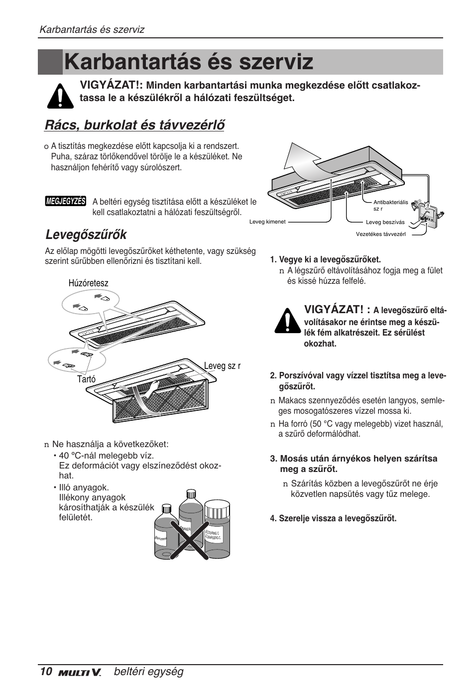 Karbantartás és szerviz, Rács, burkolat és távvezérlő, Levegőszűrők | 10 beltéri egység, Vigyázat | LG ARNU07GTJC2 User Manual | Page 118 / 205