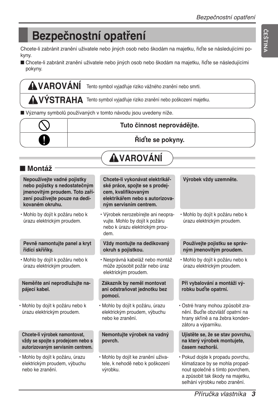 Bezpečnostní opatření, Varování výstraha, Varování | N montáž | LG ARNU07GTJC2 User Manual | Page 123 / 205