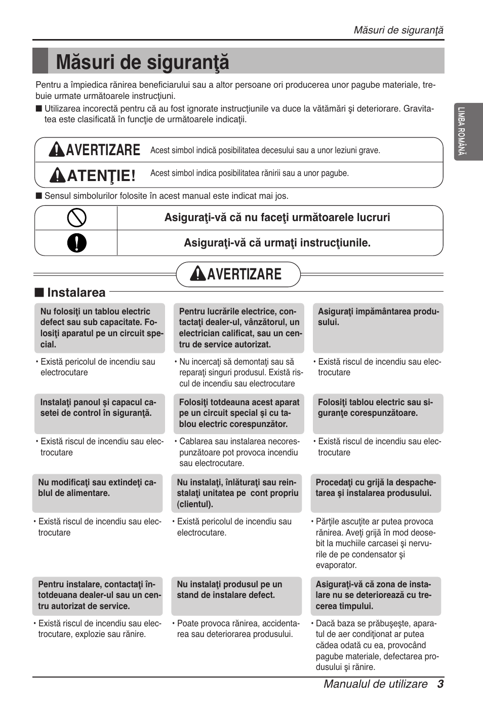 Măsuri de siguranţă, Avertizare atenţie, Avertizare | N instalarea | LG ARNU07GTJC2 User Manual | Page 135 / 205