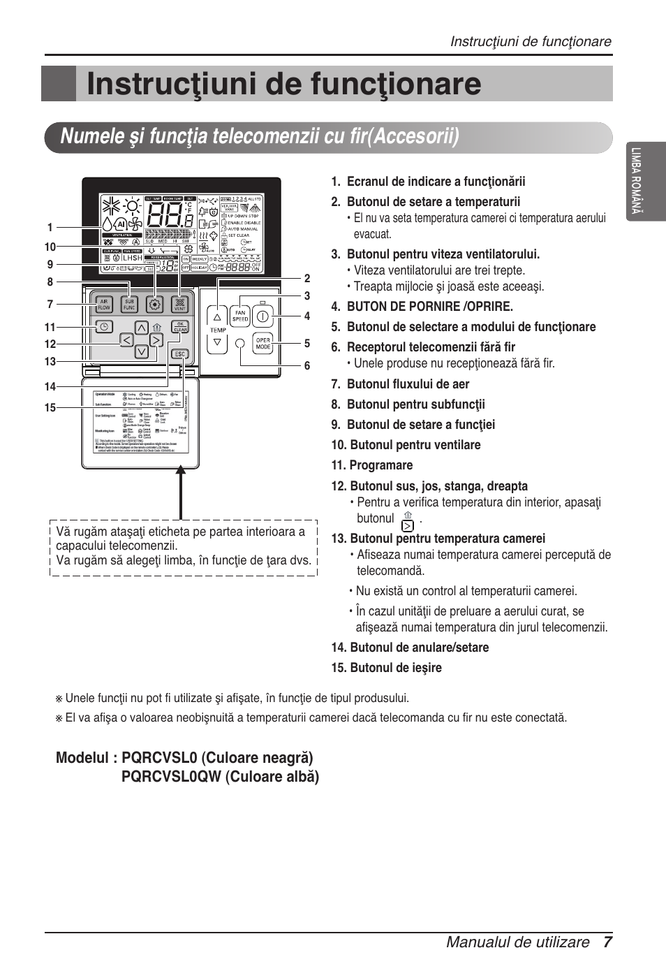 Instrucţiuni de funcţionare, Numele şi funcţia telecomenzii cu fir(accesorii) | LG ARNU07GTJC2 User Manual | Page 139 / 205