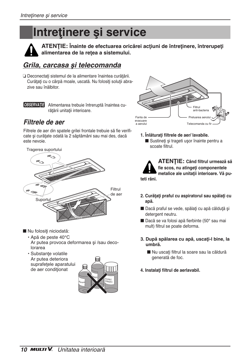 Intreţinere şi service, Grila, carcasa şi telecomanda, Filtrele de aer | 10 unitatea interioară, Atenţie | LG ARNU07GTJC2 User Manual | Page 142 / 205