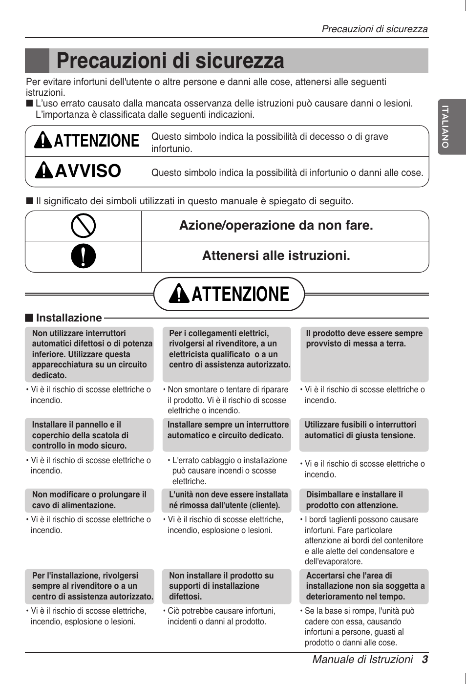 Precauzioni di sicurezza, Attenzione, Attenzione avviso | LG ARNU07GTJC2 User Manual | Page 15 / 205