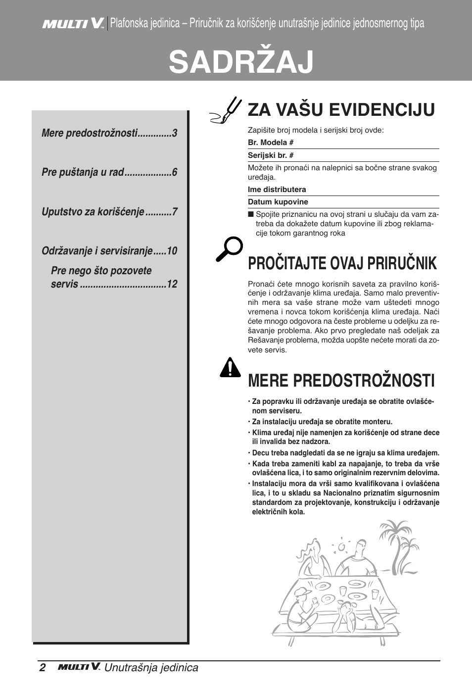 Sadržaj, Za vašu evidenciju, Pročitajte ovaj priručnik | Mere predostrožnosti | LG ARNU07GTJC2 User Manual | Page 158 / 205