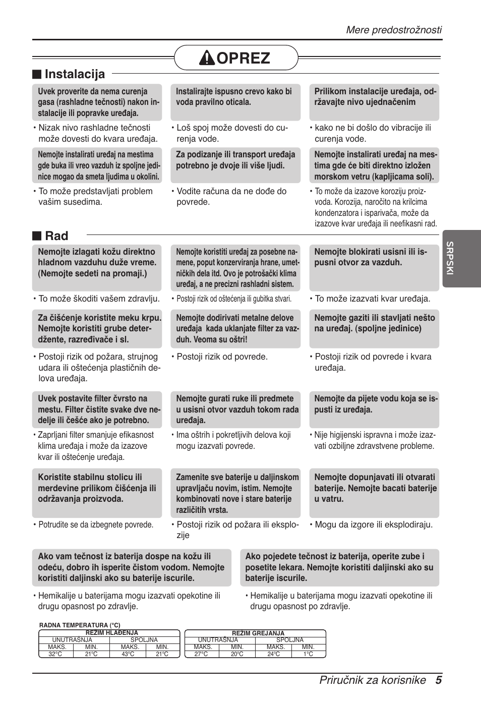 Oprez, N instalacija, N rad | Priručnik za korisnike 5, Mere predostrožnosti | LG ARNU07GTJC2 User Manual | Page 161 / 205