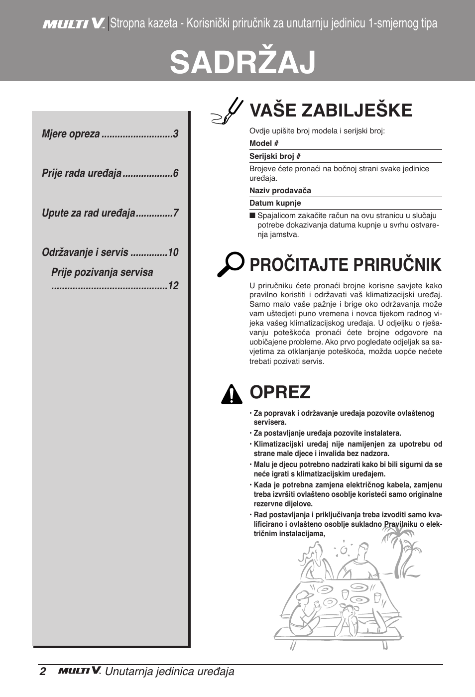 Sadržaj, Vaše zabilješke, Pročitajte priručnik | Oprez | LG ARNU07GTJC2 User Manual | Page 170 / 205