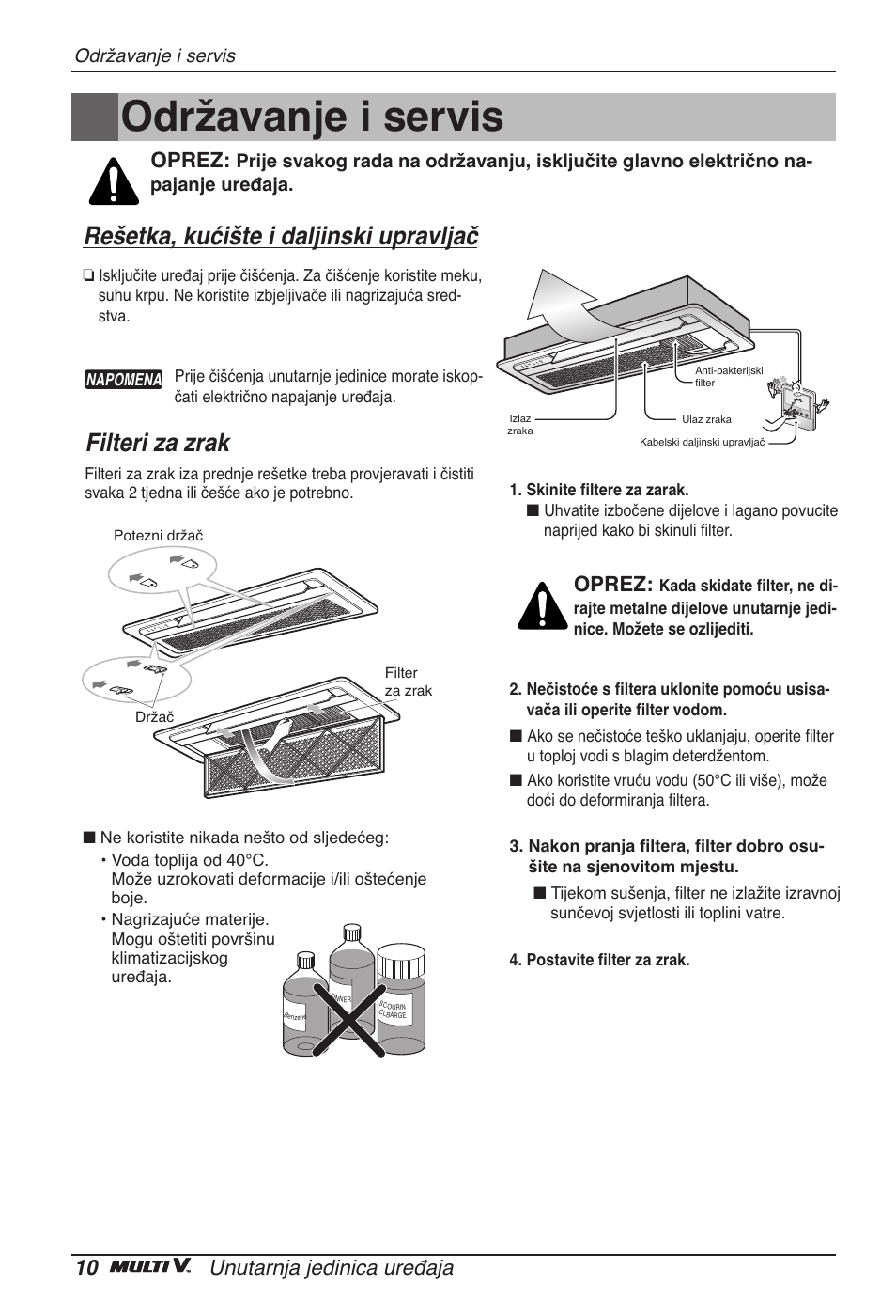 Održavanje i servis, Rešetka, kućište i daljinski upravljač, Filteri za zrak | 10 unutarnja jedinica uređaja, Oprez | LG ARNU07GTJC2 User Manual | Page 178 / 205