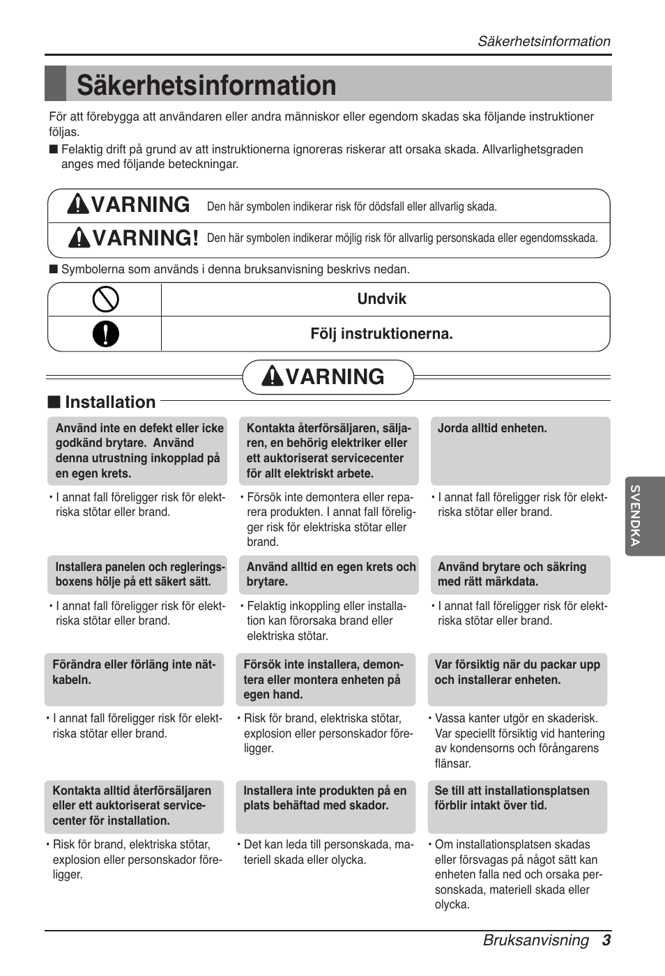 Säkerhetsinformation, Varning varning, Varning | N installation | LG ARNU07GTJC2 User Manual | Page 183 / 205