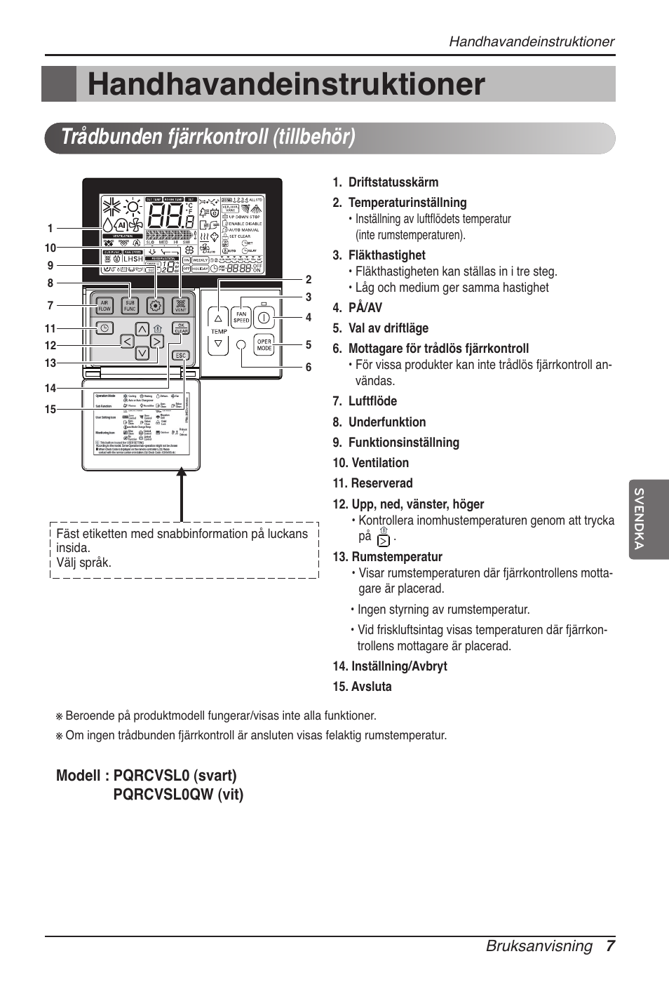 Handhavandeinstruktioner, Trådbunden fjärrkontroll (tillbehör) | LG ARNU07GTJC2 User Manual | Page 187 / 205