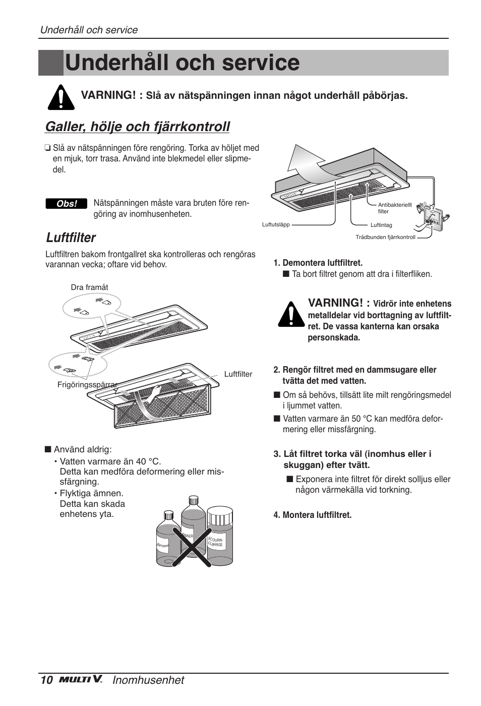 Underhåll och service, Galler, hölje och fjärrkontroll, Luftfilter | 10 inomhusenhet, Varning | LG ARNU07GTJC2 User Manual | Page 190 / 205